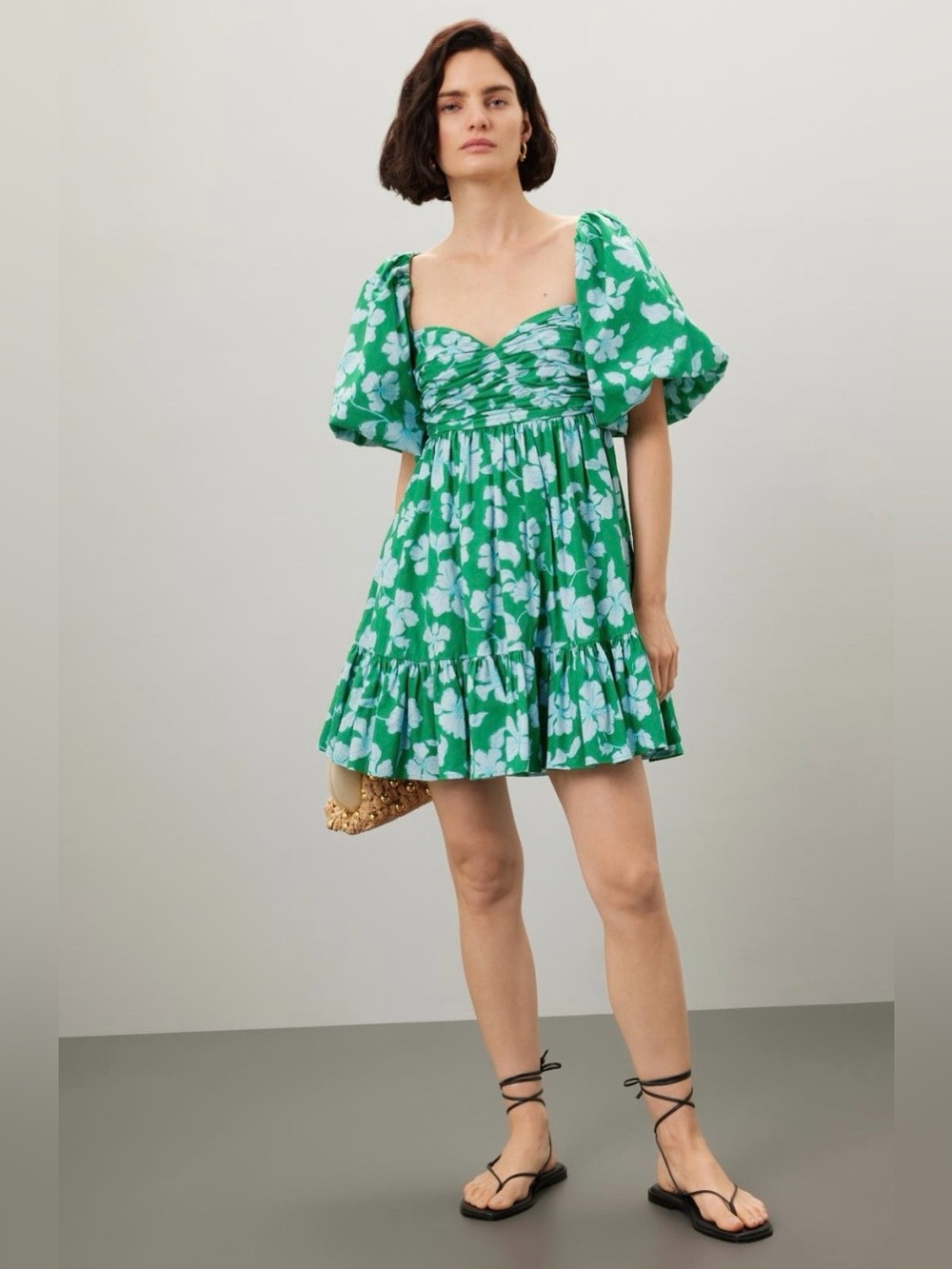 AMUR~Martine Green Floral Puff-Sleeve Mini Dress~Size 4~$398~